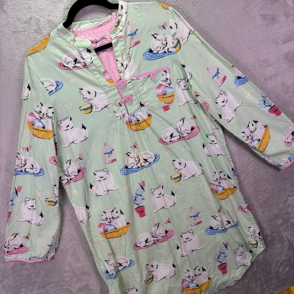 Nick & Nora Women Nightshirt XL Green Pink Cat Print Cotton Henley Sleep Shirt